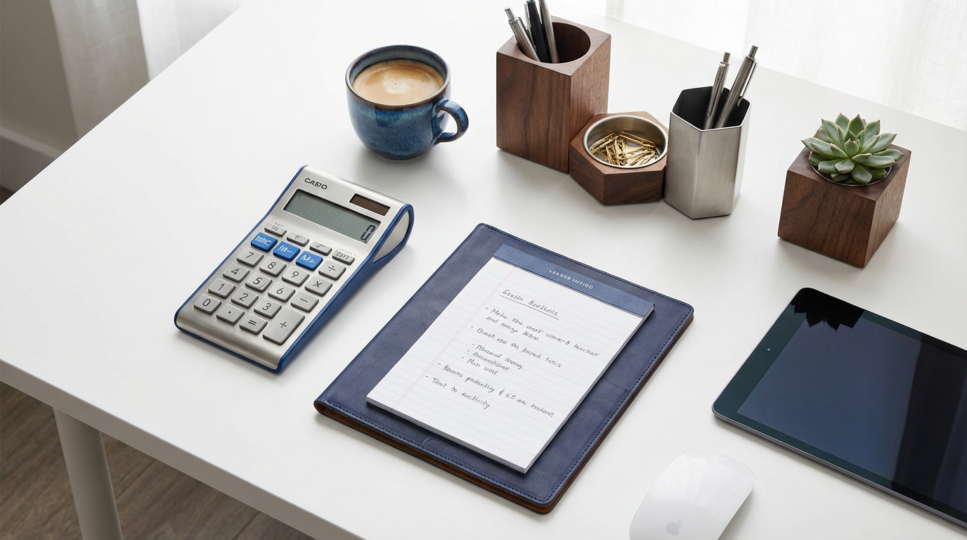 Premium workspace with calculator and productivity tools representing Get Precision Calculator
